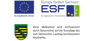 Logos: Europa fördert Sachsen. Europäischer Solzialfonts. + Freistaat Sachsen