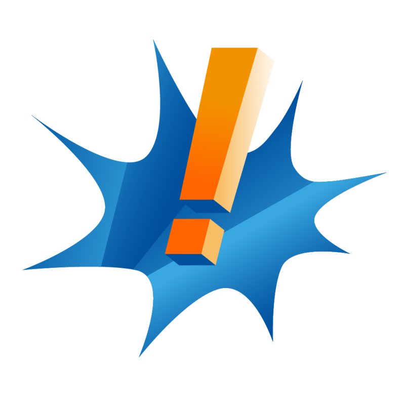Ein orangenes Ausrufezeichen in 3D hebt sich deutlich und impulsiv vor einem blauen explosionsartig gezeichneten Farbklecks ab