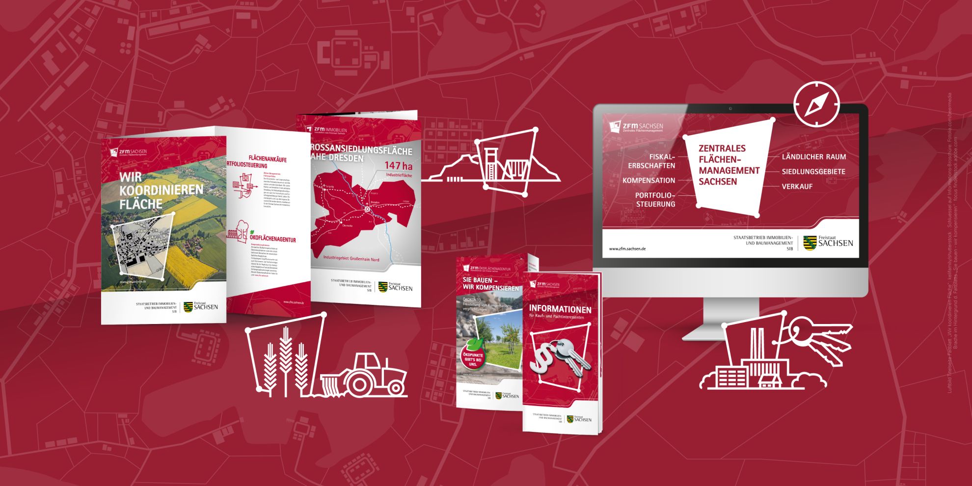 Anwendungsbeispiele des neuen, flexiblen Corporate Design des ZFM Sachsen (Broschüre, Flyer und Webdesign)