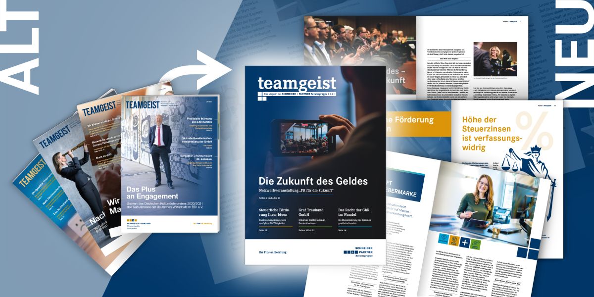 Zeigt das neue Design des teamgeist-Magazins der Schneider + Partner Wirtschaftsprüfungsgesellschaft Steuerberatungsgesellschaft nach dem Relaunch