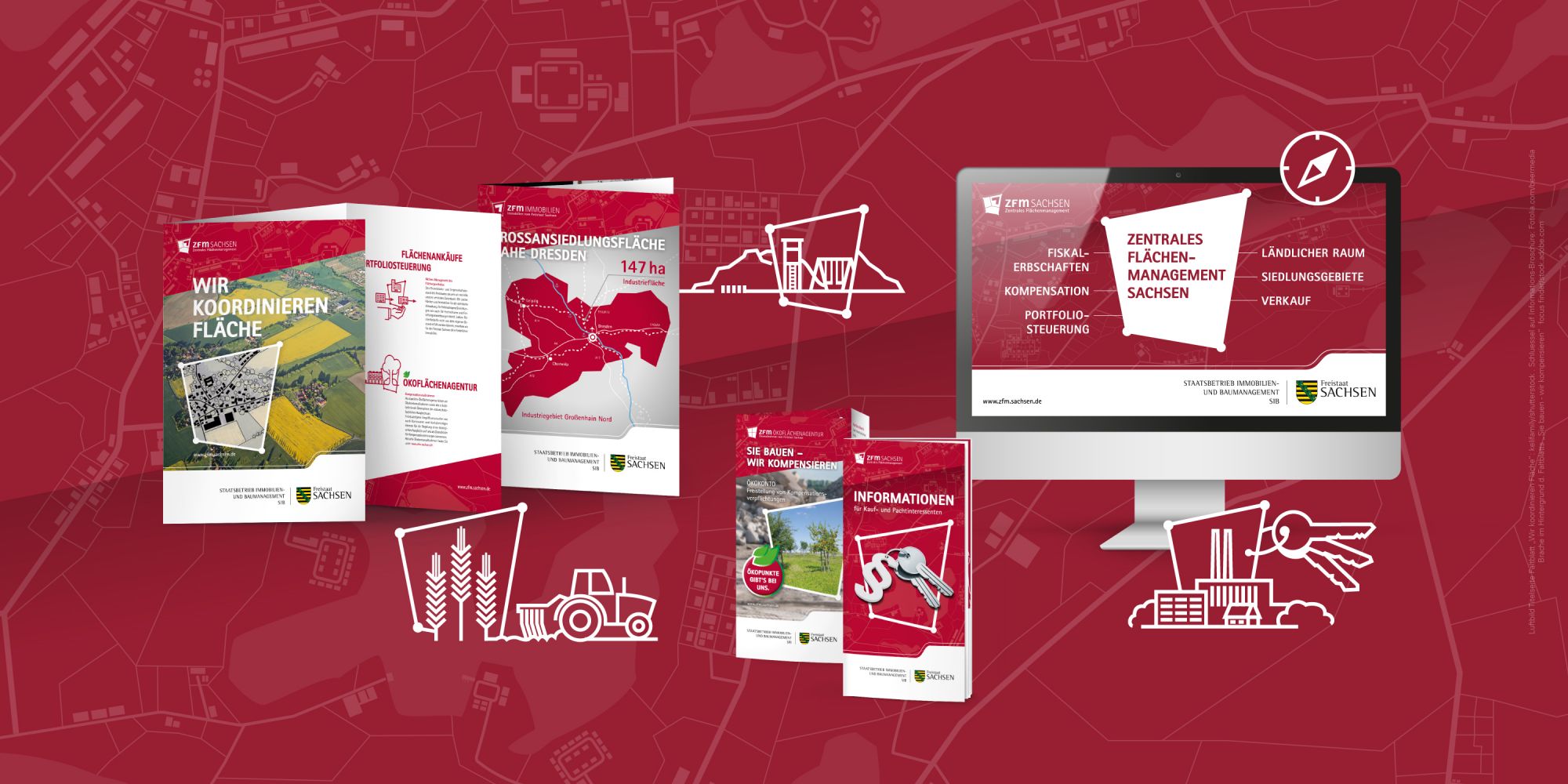 Anwendungsbeispiele des neuen, flexiblen Corporate Design des ZFM Sachsen (Broschüre, Flyer und Webdesign)