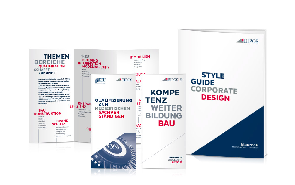 Das von uns entwickelte Corporate-Design-Handbuch mit Anwendungsbeispielen in Form von Faltblättern.