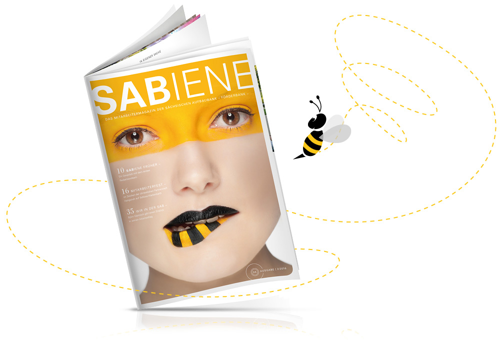 Bild des Jubiläumsmagazins SABINE. Abgebildet ist das Porträt einer Frau mit gelb-schwarz gestreiften Lippen und die Grafik einer Biene.