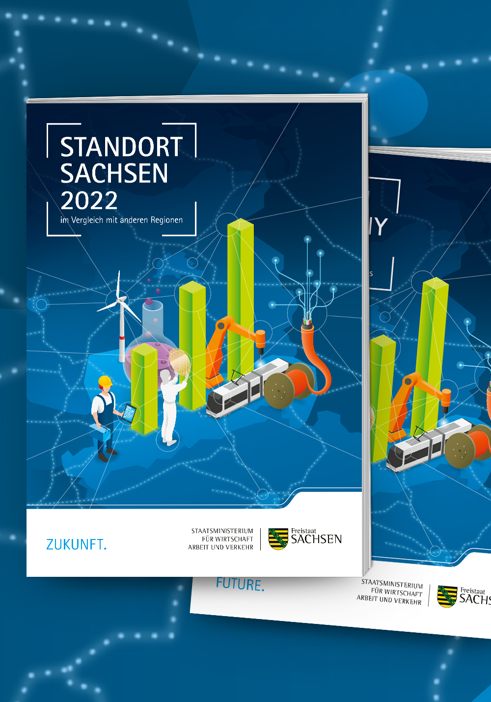 Cover des Standortberichtes 2022 Sachsen vor einer Karte mit Verkehrswegen