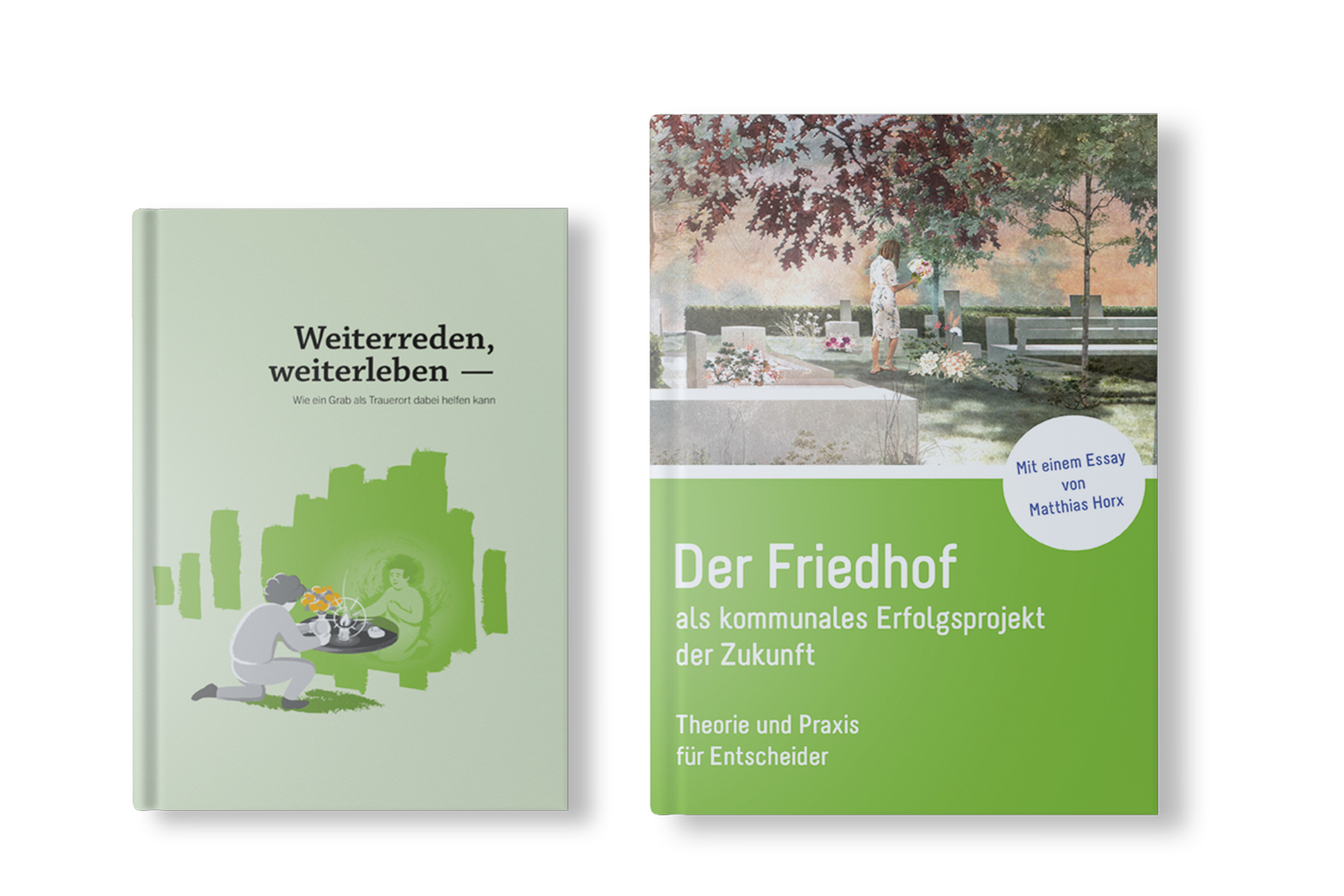 Die beiden Publikationen "Weiterreden, weiterleben" und "Der Friedhof als kommunales Projekt der Zukunft" nebeneinander vor einem weißen Hintergrund platziert