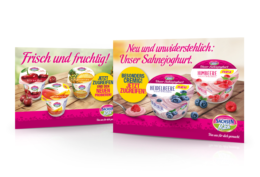 Die beiden POS-Plakatmotive für "Unser Sahnejoghut" und "Fruchtjoghurt" von Sachsenmilch
